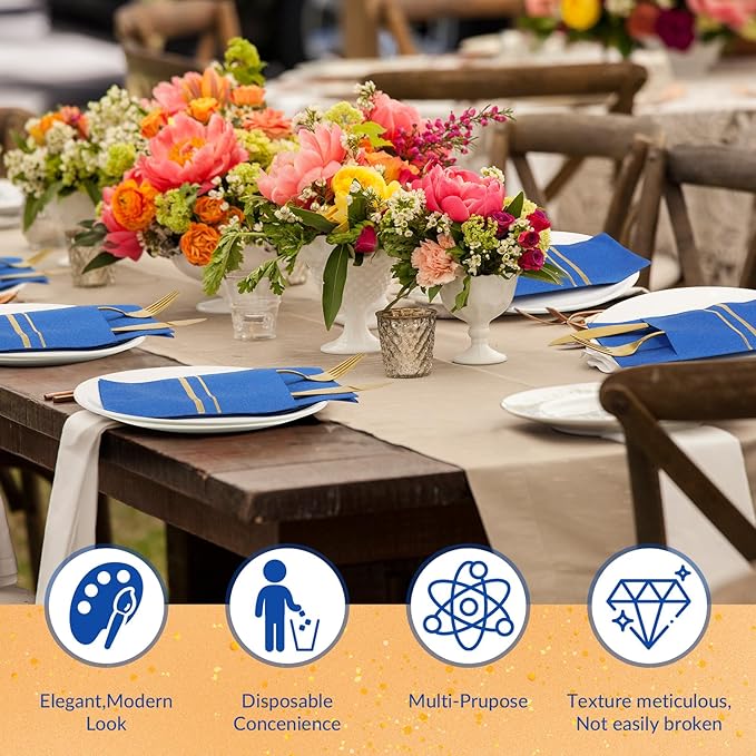 Roshtia 100 Pack Dinner Napkins Disposable Linen Feel Dinner Napkins with Built-in Flatware Pocket Gold Trim Lined Pre Folded Paper for Wedding Party (Royal Blue,Gold)