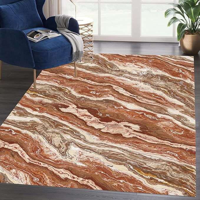 Modern Luxury Abstract Marble Rug 5x8 Beige Brown Swirl Texture Area Rugs for Living Room Bedroom Dining Room Washable Non-Slip Kitchen Carpet Low Pile Soft Floor Mat