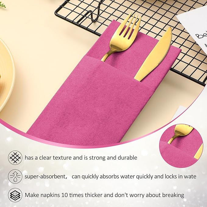 Cindeer 75 Pcs Hot Pink Linen Dinner Feel Napkins with Built in Flatware Pocket Prefolded Paper Disposable Airlaid Guest Hand Towel for Silverware Wedding Reception Christmas Baby Shower