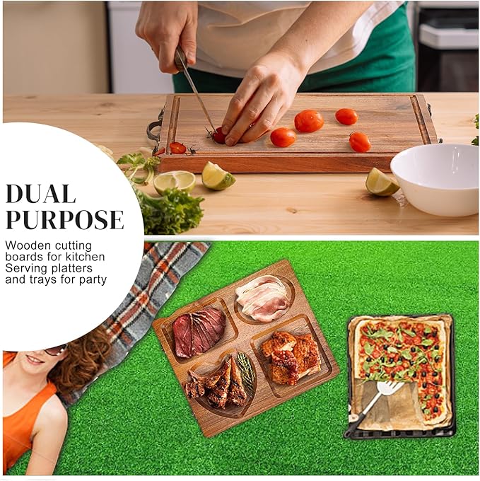 Double Side Acacia Wood Serving Tray, Serving Platters and Trays, Charcuterie Boards Wooden Tray with Vintage Metal Handles, Wooden Cutting Boards for Kitchen, Trays for Serving Food Serving Platter