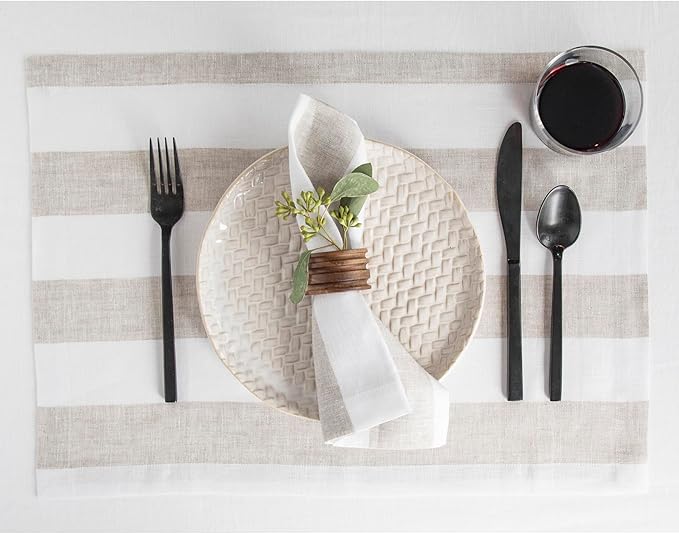Solino Home Linen Placemats Set of 4 - Cabana Stripe Natural and White Placemats 14 x 19 Inch - 100% Pure Linen Place Mats for Christmas, Holiday, New Year