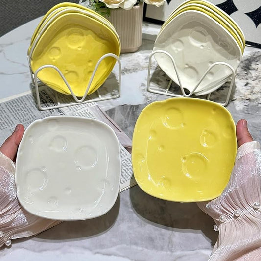 Cheese-Themed Ceramic 5.5in Small Appetizer Plates Set with Hoder,Square Plates for Dessert,Saucer,Microwave&Dishwasher Safe (part white,part yellow)