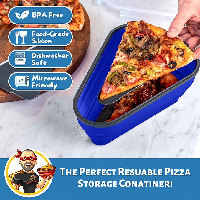 PIZZA PACK The Perfect Reusable Pizza Storage Container with 5 Microwavable Serving Trays - BPA-Free Adjustable Pizza Slice Container to Organize & Save Space, 2 Pack, Blue