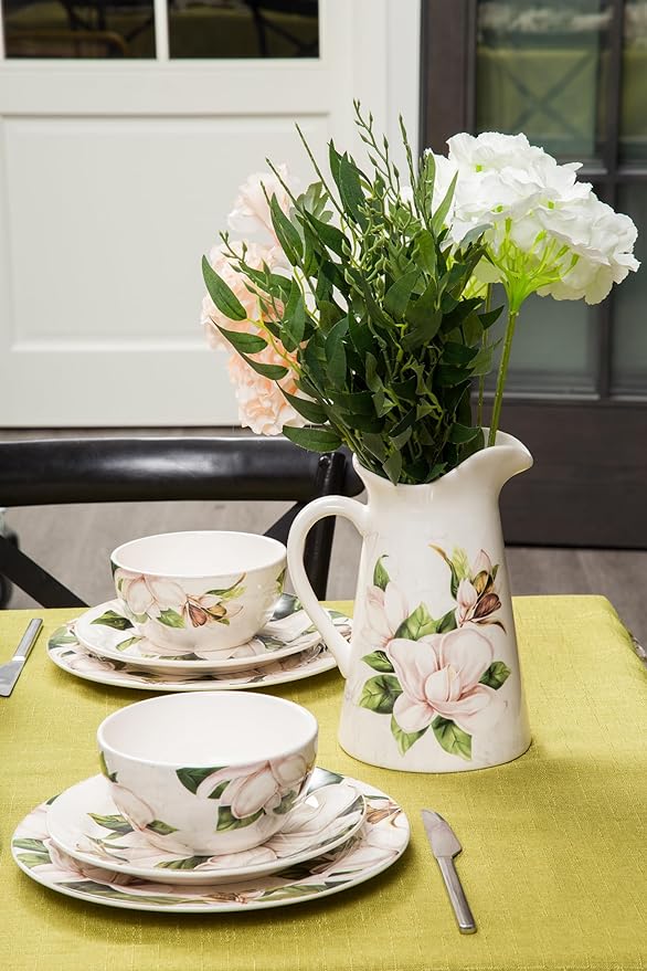 Bico Magnolia Floral Ceramic 2.5 Quarts Pitcher with Handle, Decorative Vase for Flower Arrangements, Dishwasher Safe