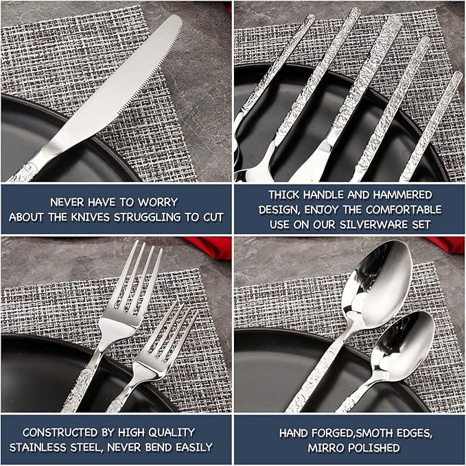 20-Piece Silverware Set, Silver Hammered Stainless Steel Flatware Set, Cutlery Set Service for 4, Kitchen Utensil Set, Tableware Set Including Fork Knife Spoon Set,Dishwasher Safe, FS202402