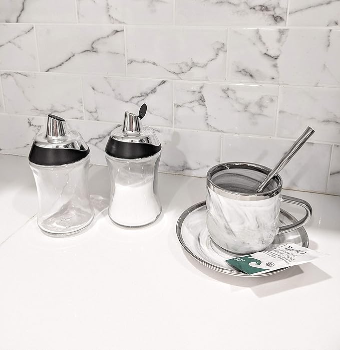 J&M DESIGN Sugar Dispenser with Pour Spout Lid Sugar Container Shaker Coffee Bar Accessories Organizer Essentials Powdered Creamer Baking Supplies 7.5oz Glass Jar Pourer Sugar Bowl Salt Dish Holder