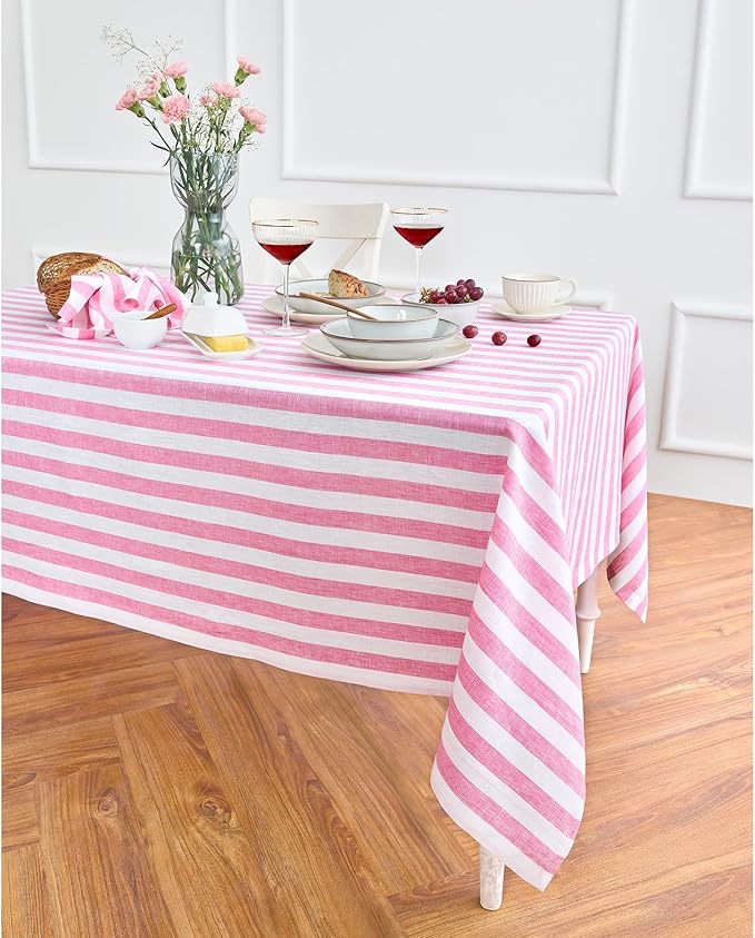 Solino Home Linen Tablecloth 60 x 120 Inch - Sorrento Stripe 100% Pure Linen Chateau Rose and White Table Cloth for Rectangle Tables - Machine Washable Tablecloth for Valentines, Spring, Easter