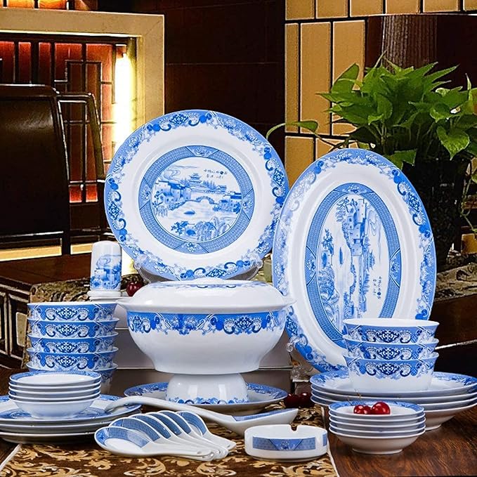 Party Dinnerware Plates Bowl 56- Piece Bone China Dinnerware Sets, Premium Porcelain Tableware Set, Blue and White Porcelain Cereal Bowls,