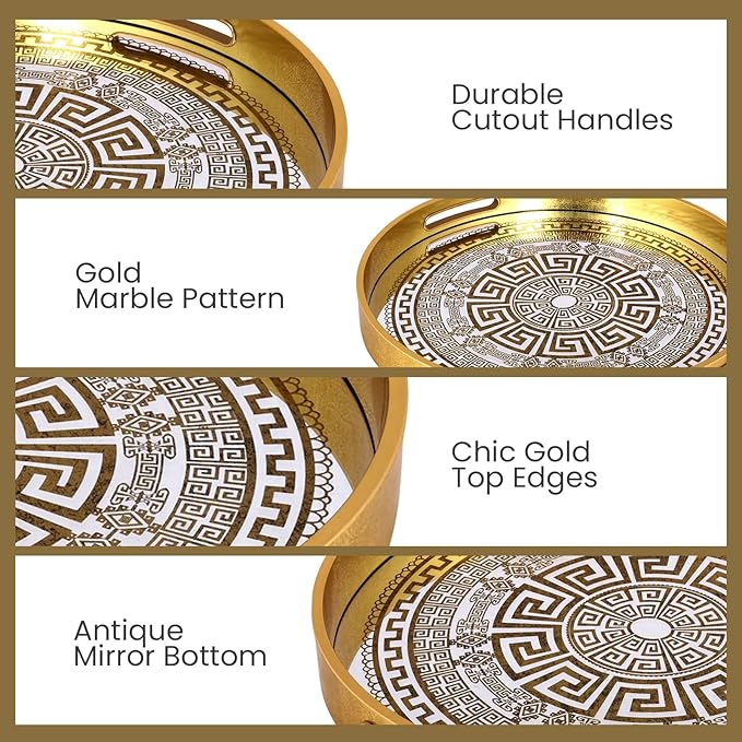 Round Serving Tray with with Handles Antique Look & Stylish Design Decorative Trays for Kitchen Round Ottoman Tray for Dinning Living Room & Home Decor Pack of 2 (Gold)