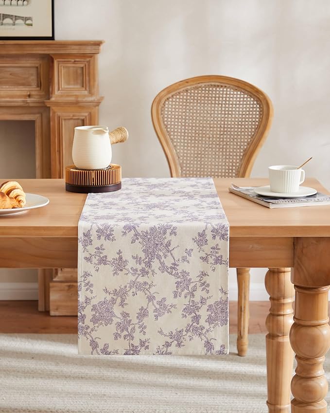 100% Cotton French Pastoral Table Runners, 13x90 Inch Purple Farmhouse Table Runners 90 Inches Long, Vintage Flowers Print Home Decors