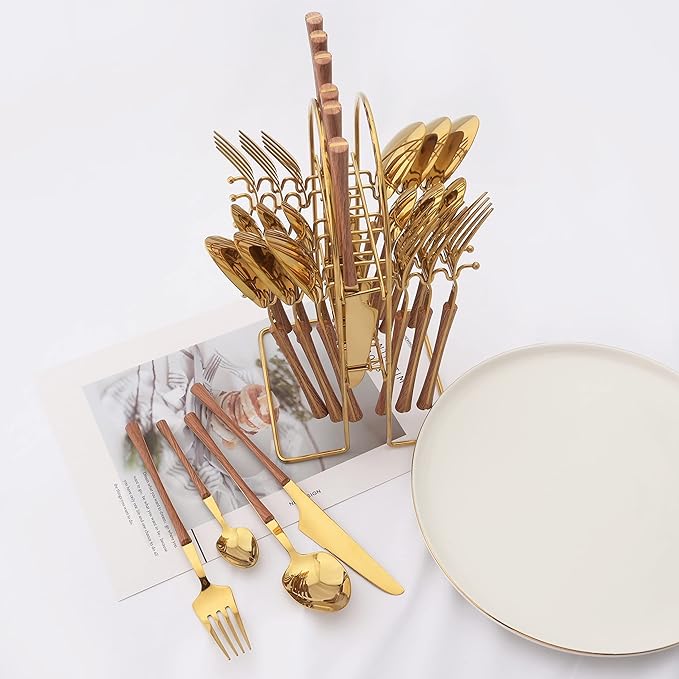 25 PCS Silverware Set with Storage Holder - Family Flatware Set Service for 6 - Gold Stainless Steel Cutlery Set with Wood Grain Handle - Tableware Utensils Set with Hanging Rack - Mirror Polished