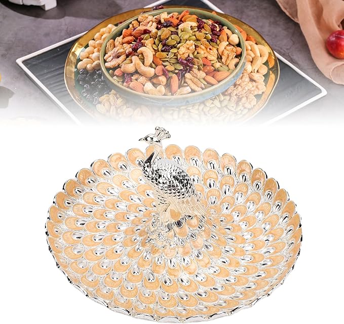 Peacock Shape Fruit Dish Tray, Decorative Storage Tray, Zinc Alloy Metal Snacks Plate Round Platter Serving Tray Cookie Storage Bowl for Home Party Cakes Cookies Candy (Silver Orange)
