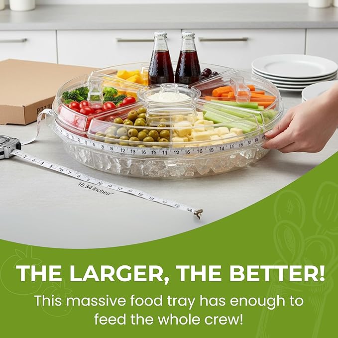 Chef's Star 16" Food Tray with Ice Compartment & Lid - 8 Section with Dip Holder Clear Acrylic Chilled Bowl for Lunch, Picnics & Parties
