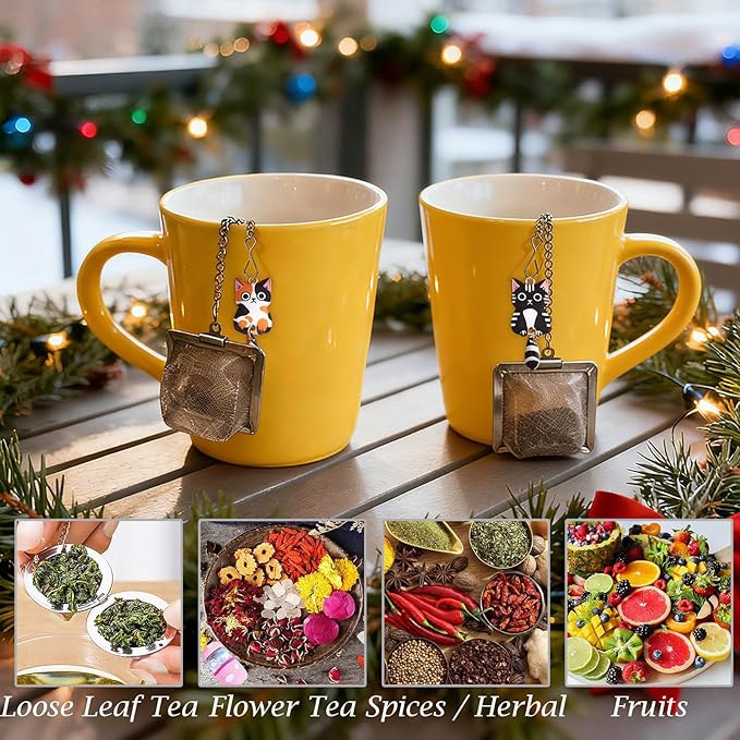 Cat Tea Infuser Set, 2PCS Cubic Loose Leaf Tea Steeper Reusable Stainless Steel Mesh Bags, Cute Tea Strainer with Wagging-Tail Cat Charms (Tuxedo & Calico)