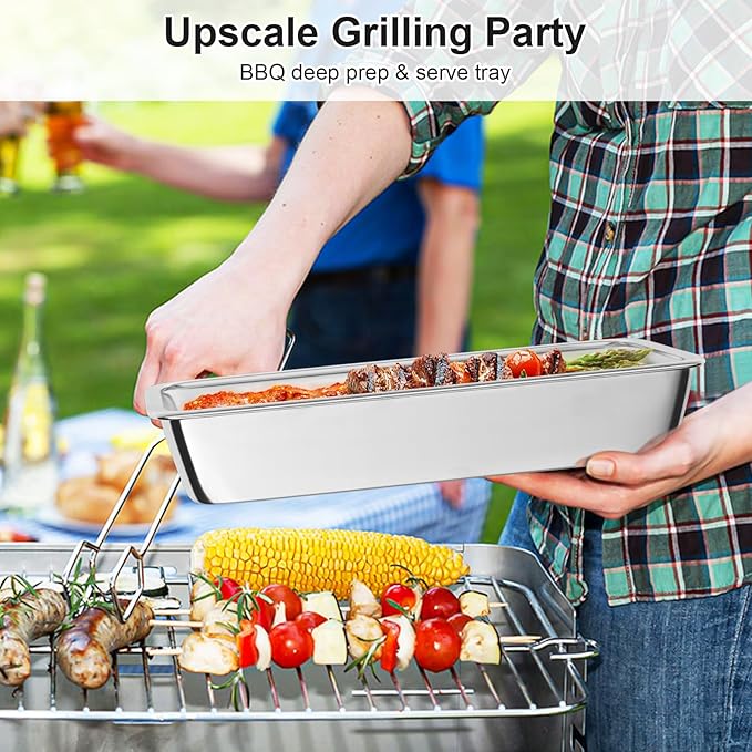 Grilling Prep and Serve Trays, Set of 4 Stackable Stainless Steel BBQ Trays with Cutting Board, Deep Marinating Container, Serving Platter for Plating Food, BBQ Prep Tub for Marinating Meats