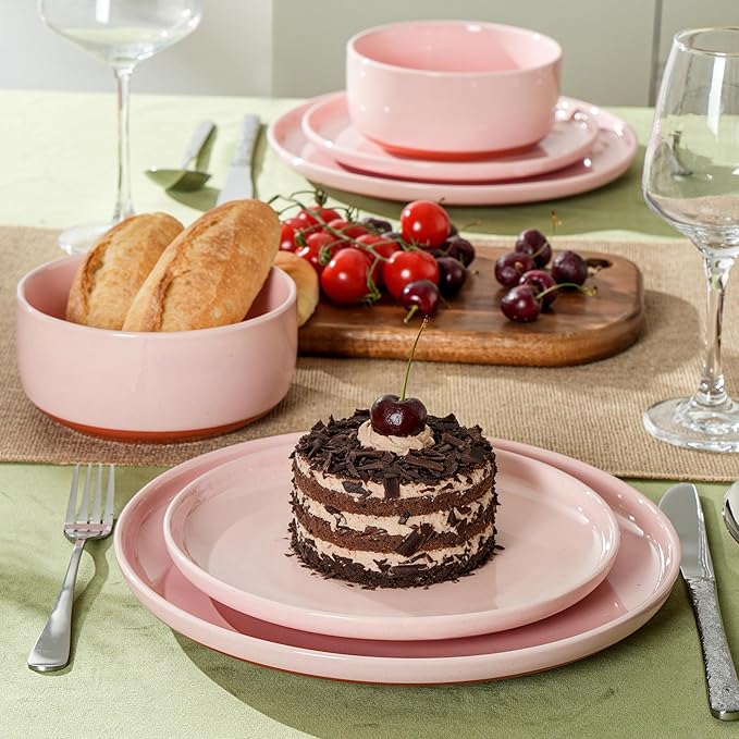 Plates and Bowls Sets, 6Piece Ceramic Dinnerware Set for Family and Gatherings,Dishes Set for 2,Dishwasher & Microwave Safe, Handcrafted Dishware Sets，Elegant Pink
