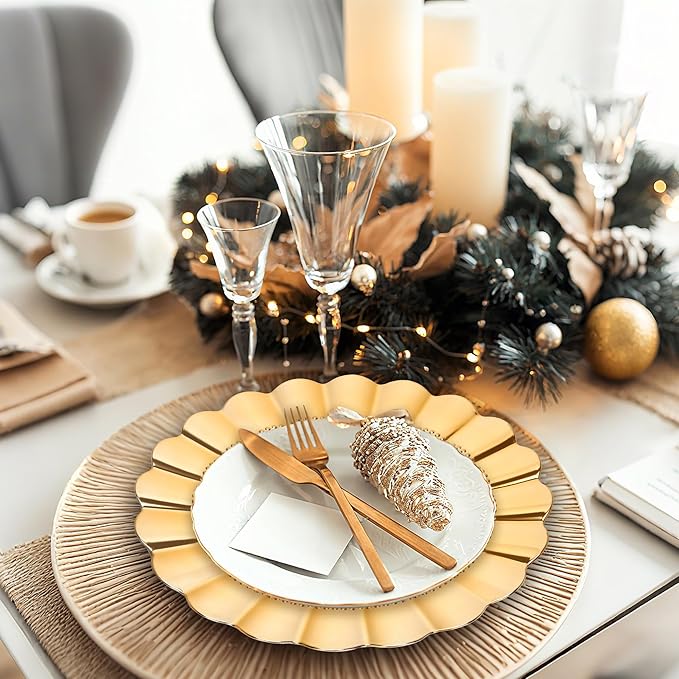 12 Piece Gold Charger Plate Set, 13Inch Round Disposable Charger Plates Alternative, Versatile Decorations for Events, Holidays, Celebrations and Gift Ideas