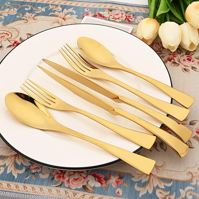24-Piece 304 Silverware Set, Mirror Polish Serving Flatware Cutlery Set Include Steak Knife Fork Spoon, Wedding Kitchen Restaurant Utensils Daily Use, Service For 4, Gold