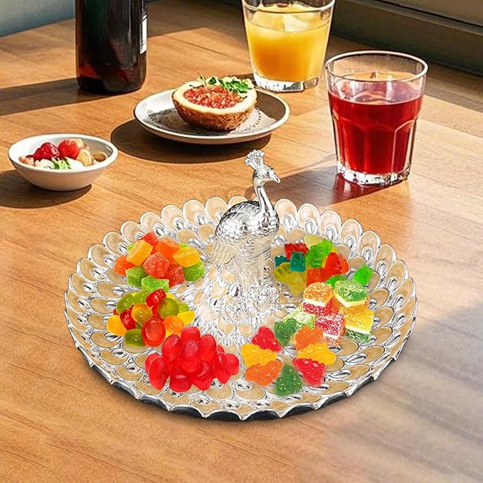Fruit Dish Cosmetic Tray Peacock Sturdy Snack Storage Plate Vanity Storage Holder Serving Tray for Trinket Jewelry Wedding, Silver Orange Yellow