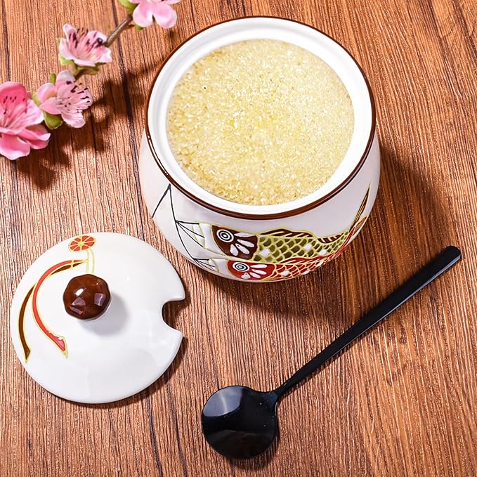 Ceramic Sugar Bowls with Spoon and Lid Porcelain Salt Container with Black Stainless Steel Spoon