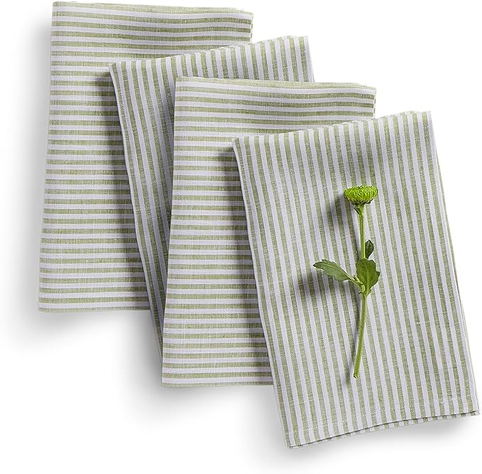 Solino Home Linen Napkins Set of 4-100% Pure Linen Narrow Stripe Avocado and White Cloth Dinner Napkins 20 x 20 Inch for Christmas, New Year - Handcrafted and Machine Washable