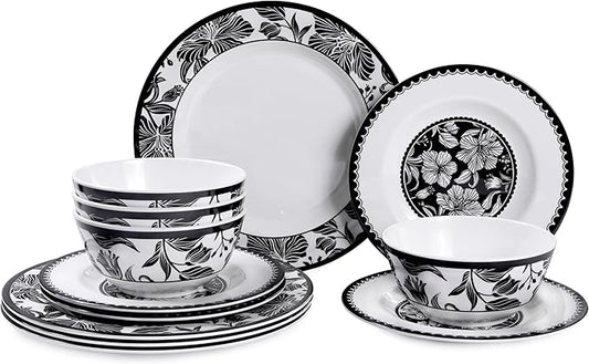 Melamine Dinnerware Sets 12pcs-Melamine Plates and Bowls Set Black Flower Lily Pattern Indoor Outdoor Use Unbreakable Dishwasher Safe