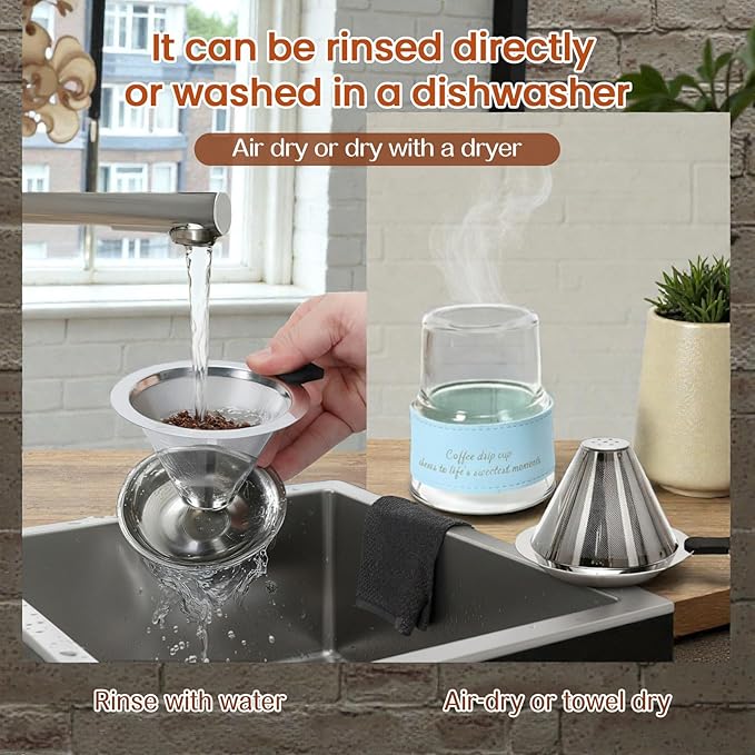 NANSPATH380ml Single-Serve Pour Over Coffee Maker, Thick Glass Drip Cup with Reusable 600-Mesh Stainless Steel Filter, Portable Coffee Brewer with Lid, Straw & Stirring Spoon (Transparent color)