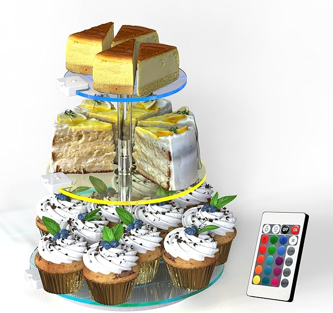 3-Tier Rotating Cupcake Stand with LED Lights - 360° Spinning Display Tower for Desserts, Cakes & Pastries - Rechargeable 7-Color Changing Serving Tray for Weddings, Parties & Festive Gatherings (Round Clear Acrylic)