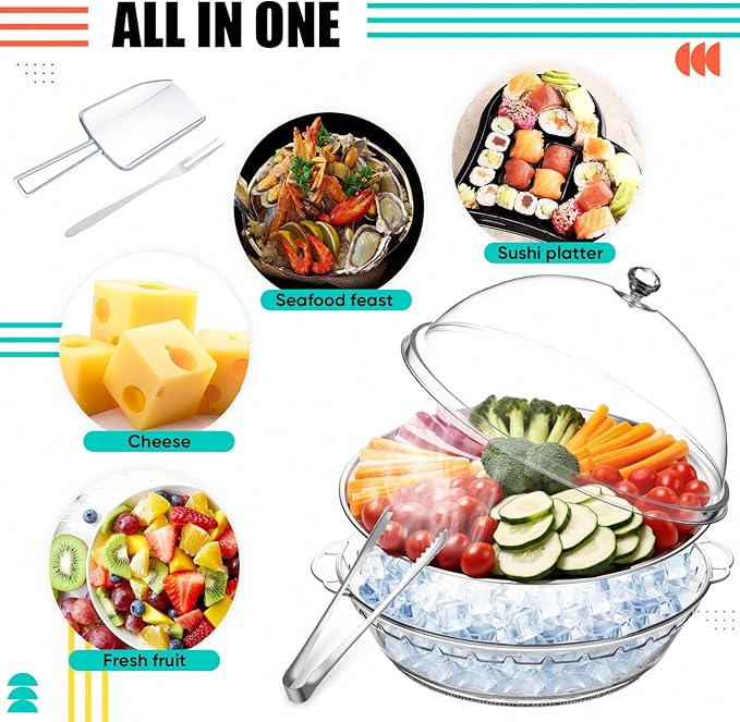 Baderke 11.8" Chilled Serving Tray for Parties with Compartments and lid Ice Chilled Party Platter Charcuterie Serving Board Cold Dish Dip for Fruit Seafood Vegetable Shrimp Cocktail(Silver,2 Pcs)