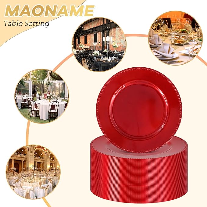50 Pcs Red Charger Plates Round Charger Plates13 Inch Bulk Wedding Dinner Elegant Reusable Plastic Chargers Plates Wedding Holiday Party Baby Shower Event Christmas Decoration (Red)