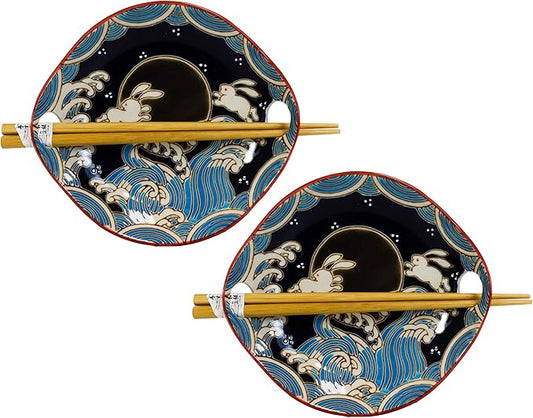 Ebros White Rabbits Jumping Over Black Moon Appetizer Snack Serving Coupe Plate Dish With Chopsticks And Built In Rest Set Small Flat Bowl For Hors D'oeuvres Sushi Ice Cream Serveware Plates (2)