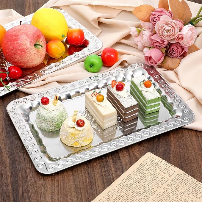 6 Pcs Silver Serving Trays, 13.8" x 8.7" Stainless Steel Rectangle Serving Tray, Decorative Silver Plates, Swirl Floral Engraved Tray, Metal Sizzler Plates for Coffee Table, Bar, Party, Club, Home