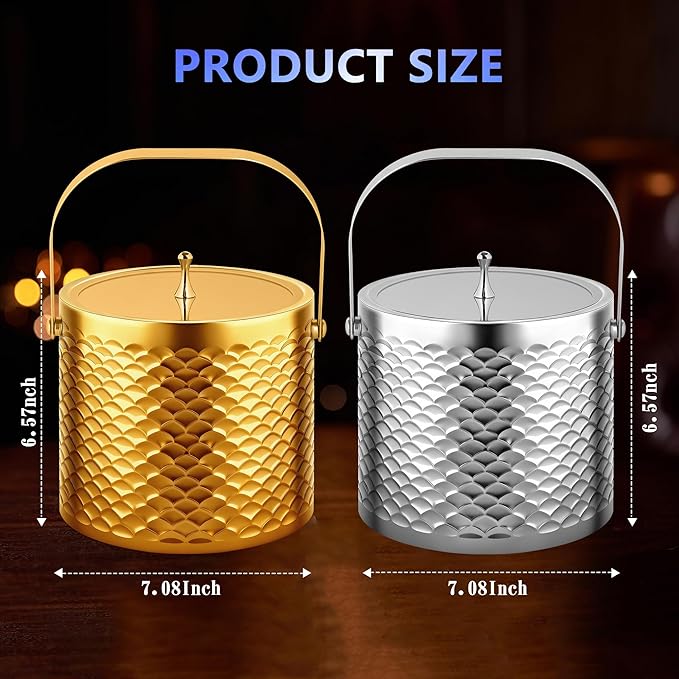 Ice Bucket, Ice Bucket with Silicone Sealing Ring Double-Wall Vacuum Insulation Champagne Buckets with Filter Layer Ice Tongs Ice Scoop (Scaled Silver, 3 L)