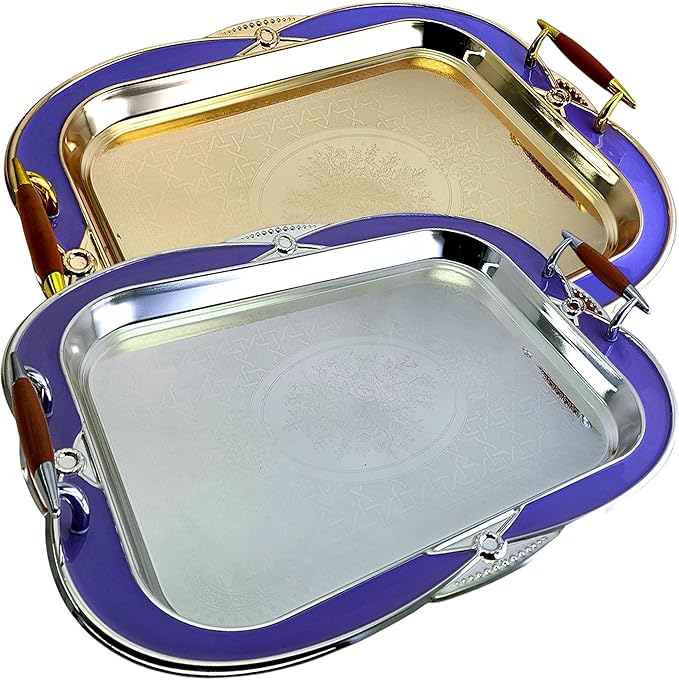(Pack of 2) 20.3 inch x 15.5 inch Floral Shape Antique Chrome Plated and Iron Gold Serving Tray with Handles Purple Edge Floral Engraved Dessert Buffet Decor Platter Plate Base TTL-013
