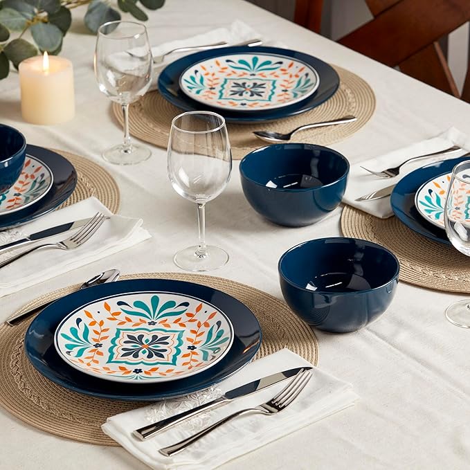 Tabletops Gallery 12-Piece Isabella Patterned Ceramic Dinnerware Set of Kitchen Dishes, Dinner Plates, Cereal Bowls, Service for 4, Blue