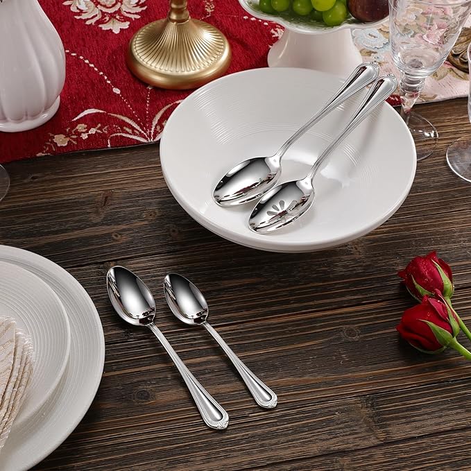 KEAWELL Pearl Edge Premium Serving Spoon Set, 18/10 Stainless Steel, 9" Fine Hostess Utensils with Refined Bead Design, Brightly Polished, Dishwasher Safe (2 Serving Spoons)