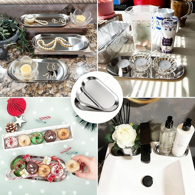 12 Pack 7 Inch Oval Stainless Steel Decorative Tray, Stainless Steel Tea Fruit Tray, 7 inch Silver Oval Trays for Bathroom Vanity, Jewelry, Perfume & Key Organizer (Silver)