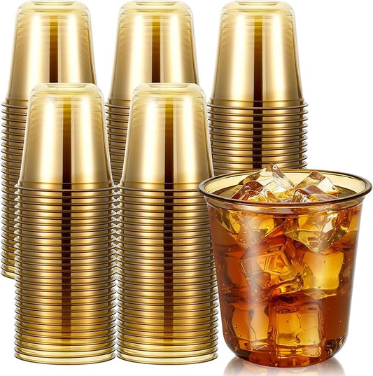 Disposable Stemless Glasses 12oz Crystal Plastic Wine Glasses Clear Classic Pet Cup for Meeting Weddings Birthdays Cocktail Christmas Party Supplies(Gold,100 Pcs)