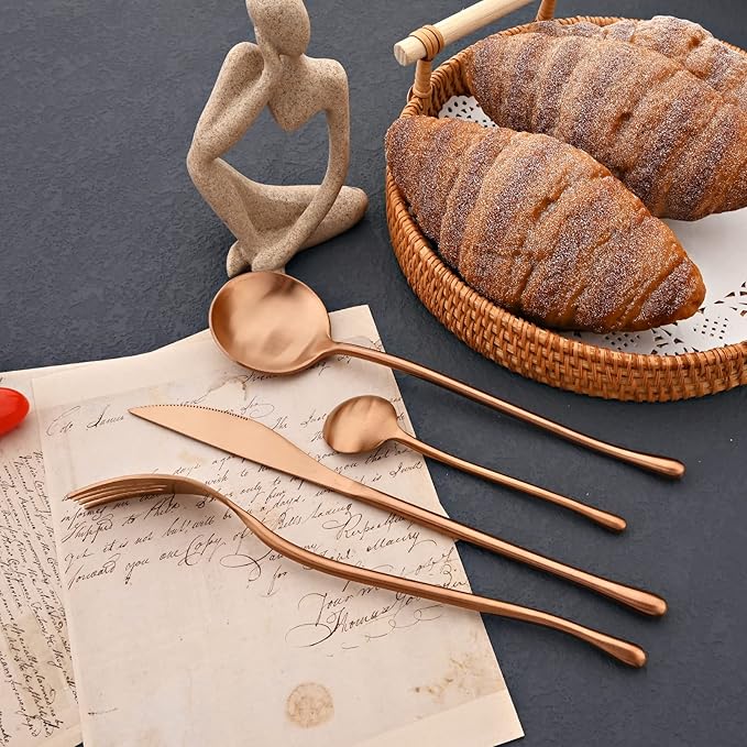 JASHII 304 Flatware Set Matte Copper Silverware Set Satin Finished 18/8 Stainless Steel Cutlery Set with Round Handle 24 Piece Wedding Housewarming Gift Service for 6 - Rose Gold
