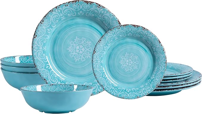 12-Piece Farmhouse Dinnerware Set, set of 4, 100% Melamine Dishes Serving Set with Plates and Bowls, Non-breakable and Lightweight Dinner Set for indoor and outdoor entertaining, Light Teal