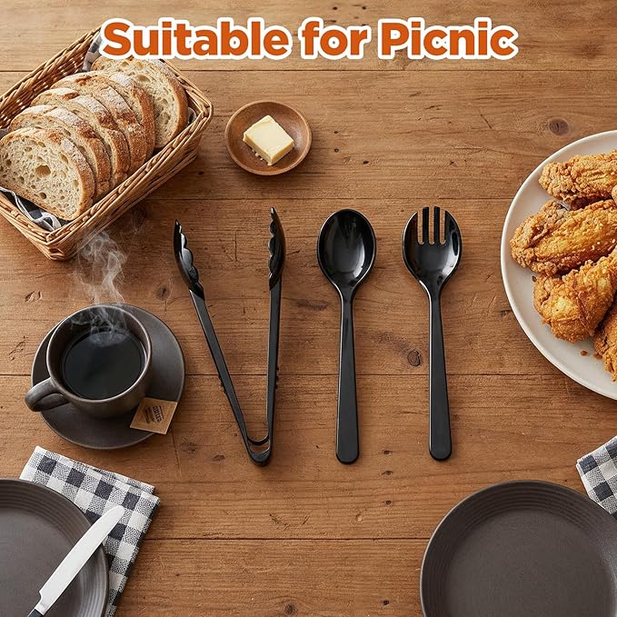 36 PCS Disposable Serving Utensils Set - 12 Heavy Duty Plastic Spoons Forks Tongs for Buffet Catering Party Supplies, Black Serving Utensils for Restaurant Wedding Banquet Dinner Salad Soup