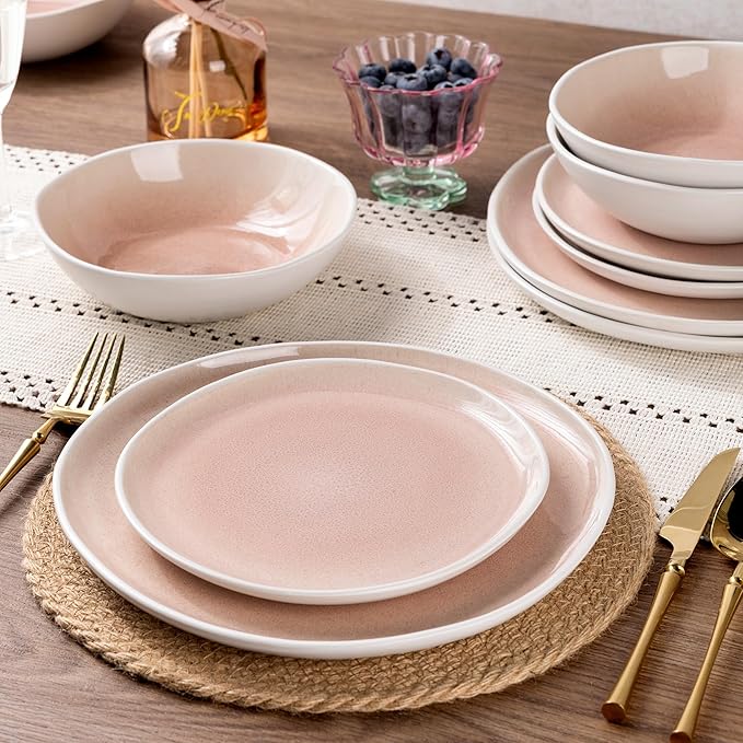 AmorArc Ceramic Dinnerware Sets,Handmade Reactive Glaze Stoneware Plates and Bowls Sets,Highly Chip and Crack Resistant | Dishwasher & Microwave Safe Dishes Set,Service for 4 (12pc)-Pink