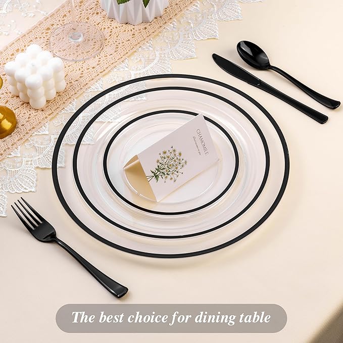 BESTSTAR 12 Inch Disposable Decor Charger Plates, 25 Pack Plastic Clear Plates with Gold Rim, Perfect Table Decor for Party, Wedding, Dinner