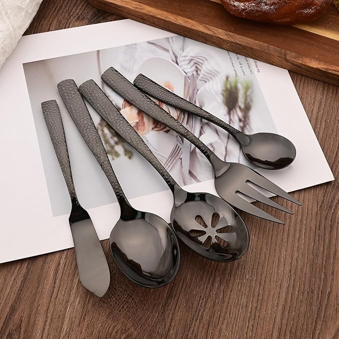 Serving Utensils Set, 5-Piece 18/8 Stainless Steel Hostess Serving Set, Elegant Hammered Serving Utensils for Home Restaurant and Buffet Catering, Heavy and Mirror Polished, Black