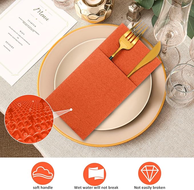 Cindeer 150 Pcs Orange Linen Dinner Feel Napkins with Built in Flatware Pocket Prefolded Paper Disposable Airlaid Guest Hand Towel for Silverware Wedding Reception Christmas Baby Shower