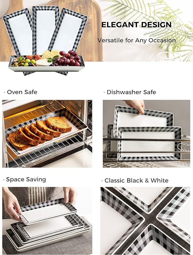 YHOSSEUN Ceramic Serving Platters Set of 4, Black and White Serving Platters and Trays for Food, Rectangular Halloween Plates Serving Dishes for Parties, Checkered, 12 Inch