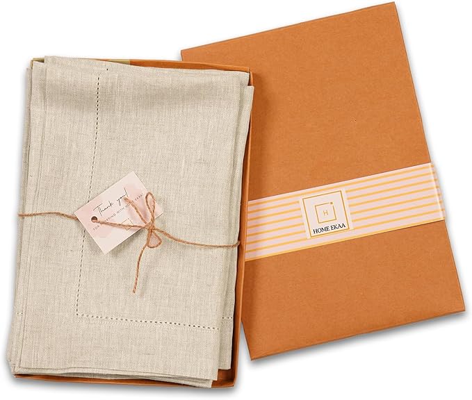 Home Ekaa Linen Light Natural Dinner Napkins Set of 4-100% Pure Linen Cloth Fabric, Hemstitch Dinner Napkins 20 x 20 Inch for Dining, Dresser, Thanksgiving, Christmas, Fall - Lino