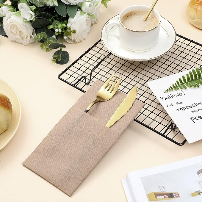 Cindeer 150 Pcs Wood Color Linen Dinner Feel napkins with Built in Flatware Pocket Prefolded Paper Disposable Airlaid Guest Hand Towel for Silverware Wedding Reception Christmas Baby Shower