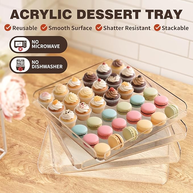 4 Pcs Premium Acrylic Serving Trays for Party, 12 x 12 Heavy Duty Clear Serving Platters and Trays for Food Cupcake Dessert Cookie Bakery Snack Charolas para Postres for Buffet Table, Square Stackable
