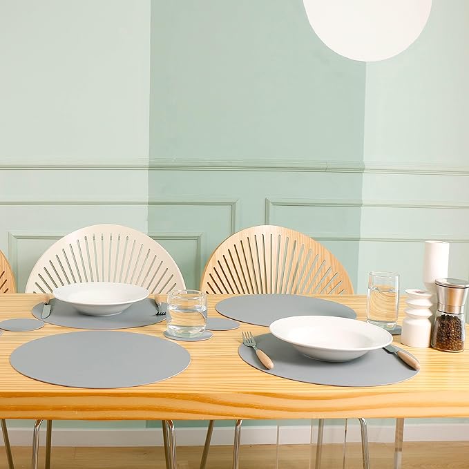 Wipeable Placemats and Coasters Leather Table Mats Waterproof Heat-Resistant Easy to Clean for Dining Table Set Kitchen Table Set of 4, Pale Blue